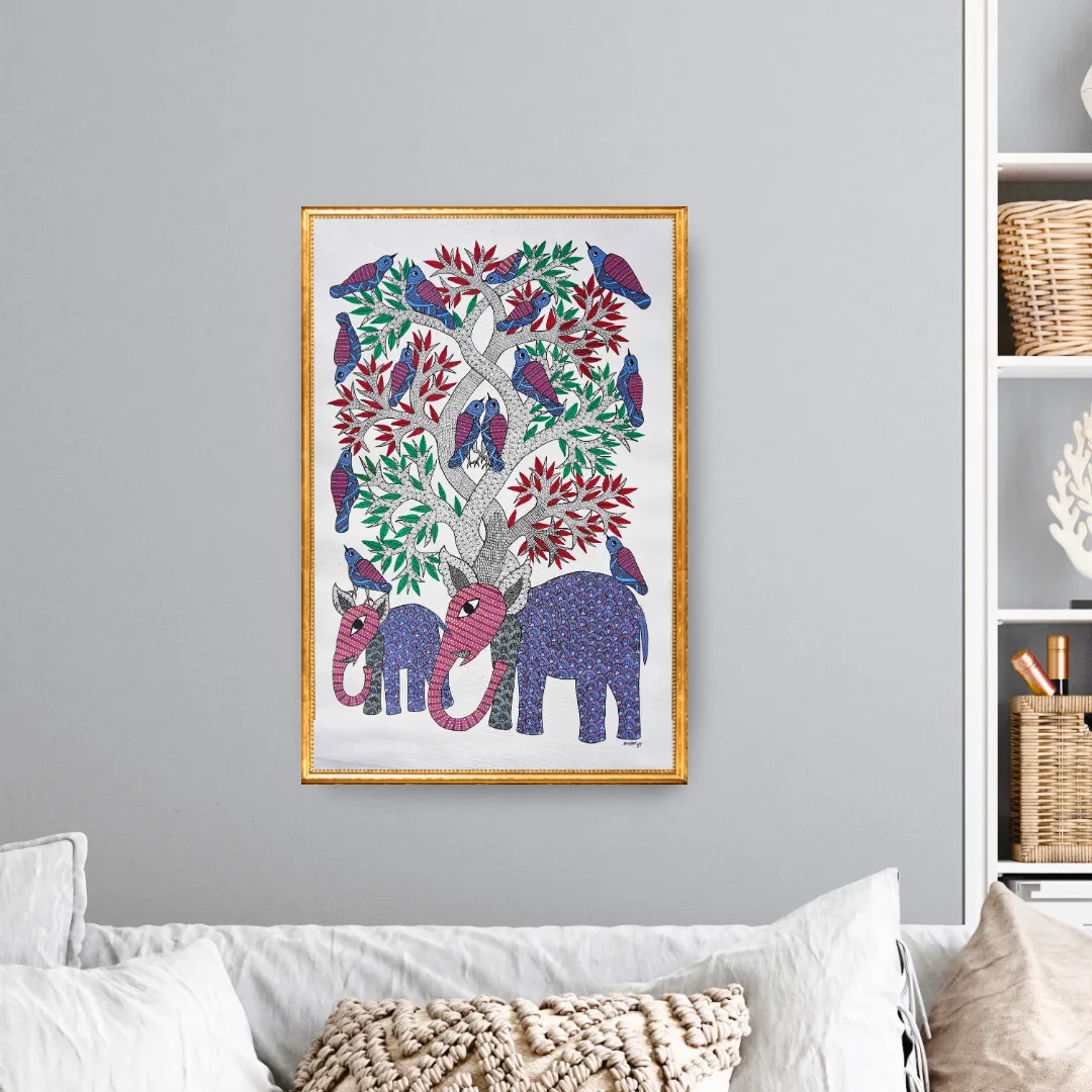 Mother and Baby Elephant Under a Tree