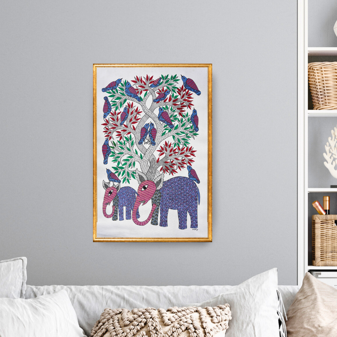 Mother and Baby Elephant Under a Tree