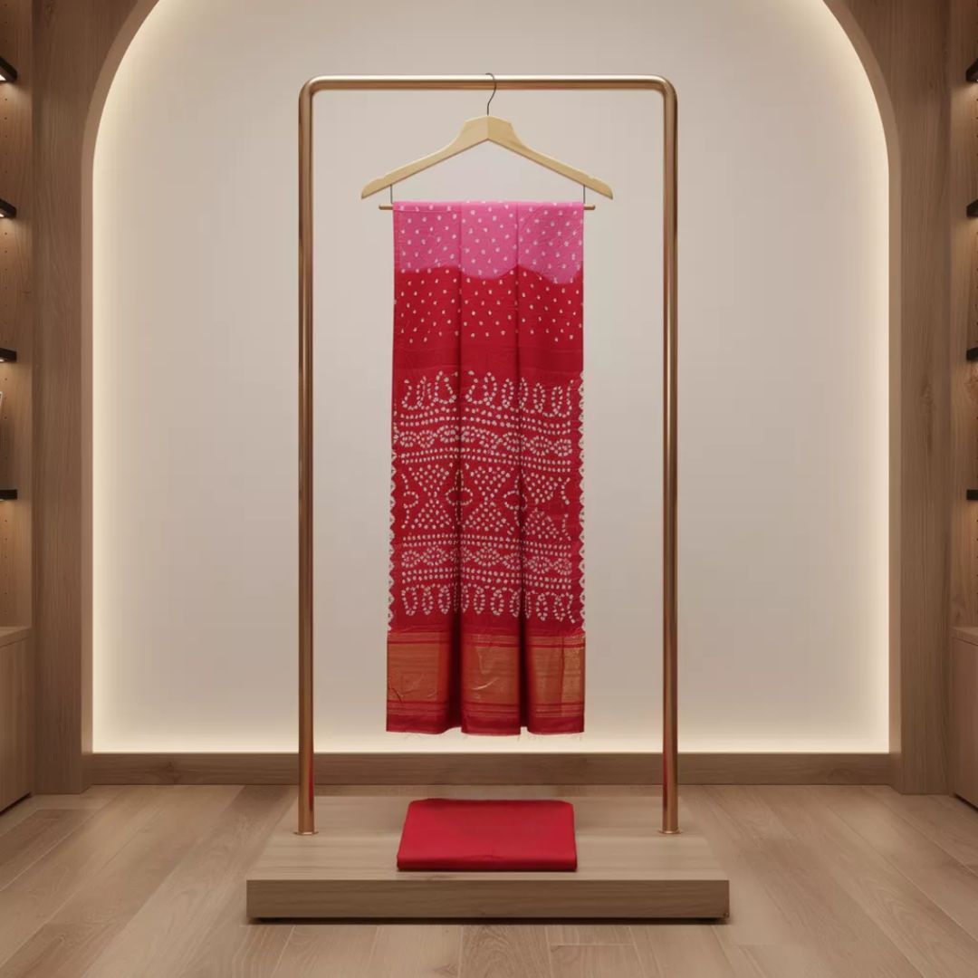 Silk Border Bandhej Saree with Lakdi Patta Pallu and Coordinated Blouse Piece (Unstitched)