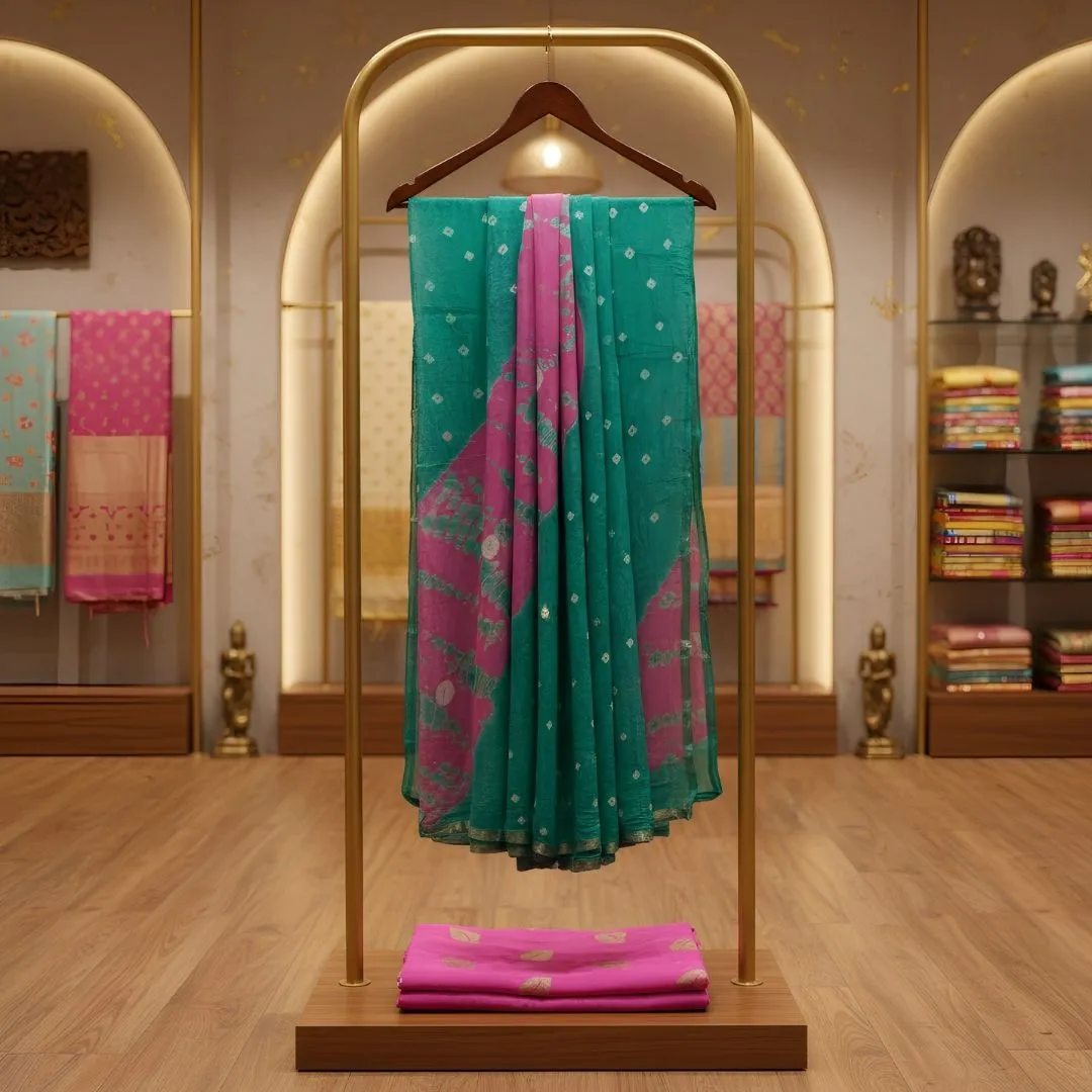 Sifon Bandhej Saree with Matching Blouse and Traditional Tie-Dye Design (Unstitched)