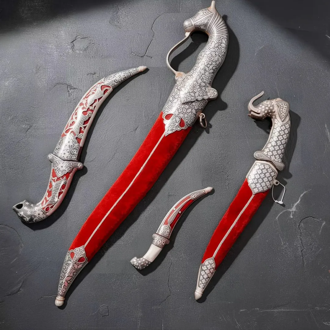 Handcrafted Red Handle Koftgari Decorative Dagger Set