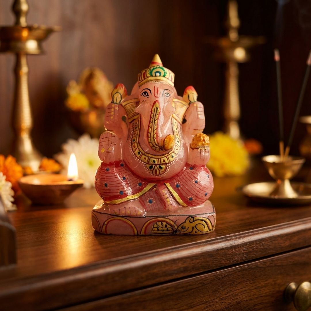 Gemstone Rose Quartz Printed Ganesha Idol for Home and Spiritual Decor