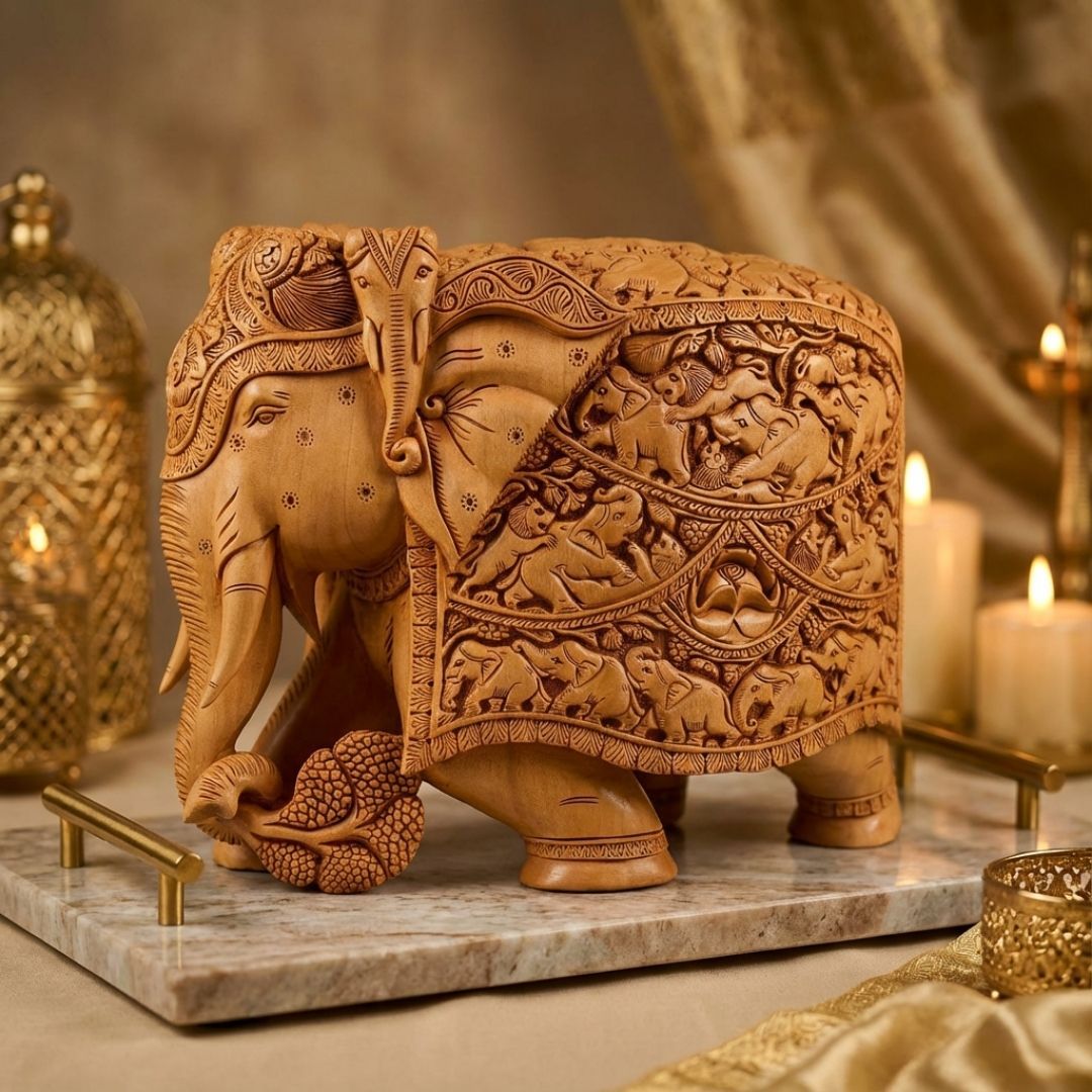 Royal Elephant Sculpture with Heavy Carved Jungle Scene in Sandalwood