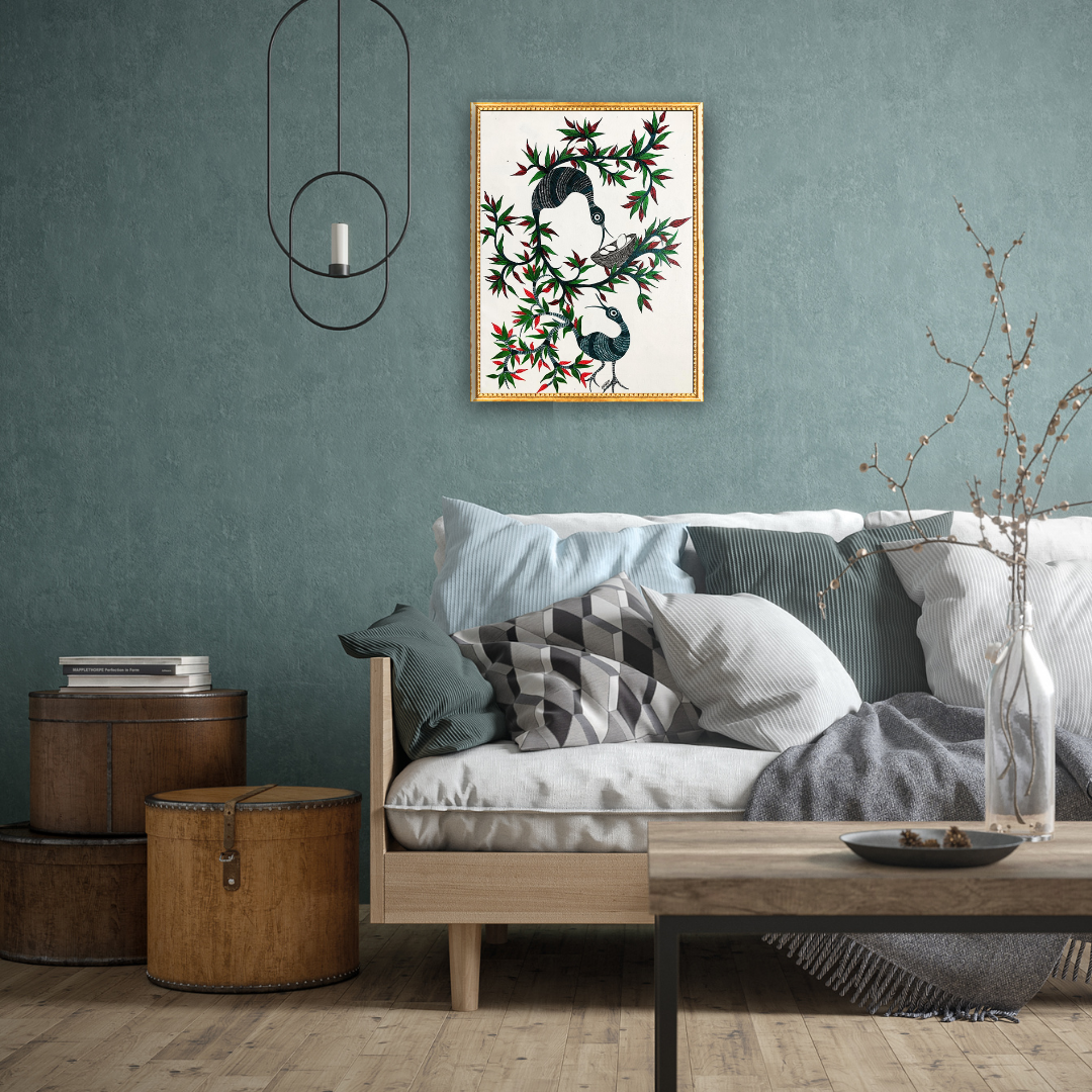 Whispers of the Forest: Gond Bird Handpainted Wall Art