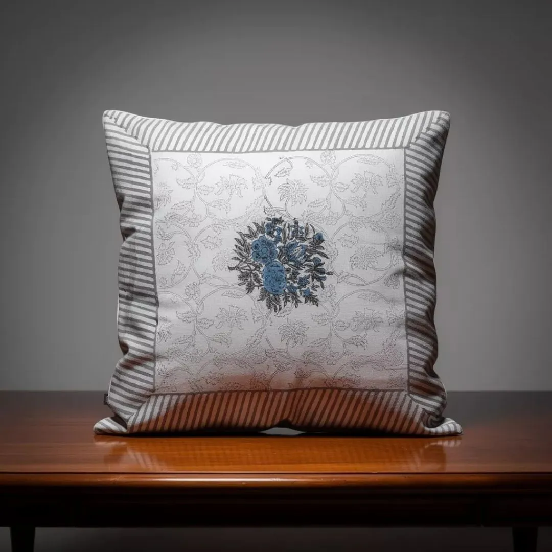 Block Printed Cotton Cushion Covers with Central Floral Motif (Set of 2)