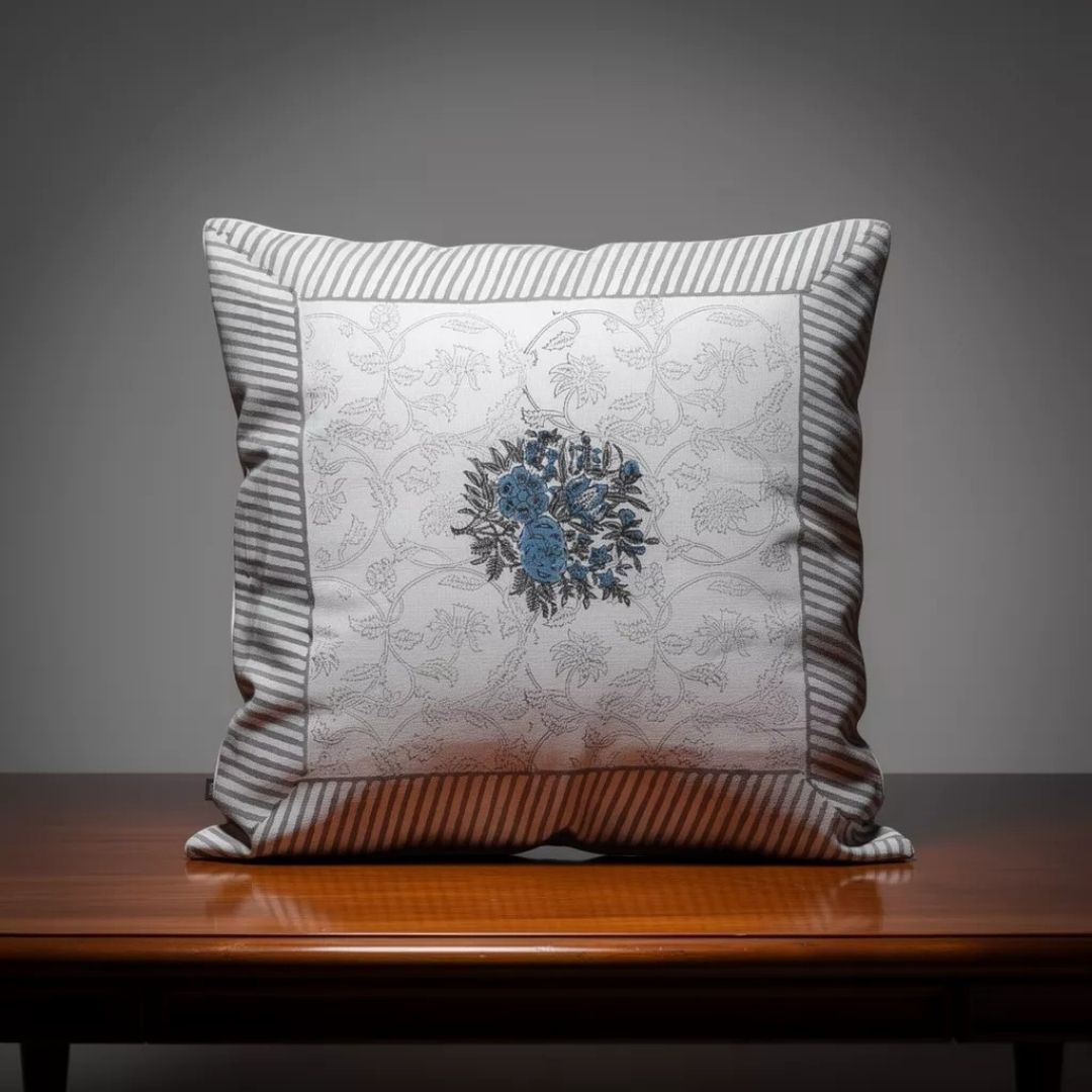 Block Printed Cotton Cushion Covers with Central Floral Motif (Set of 2)