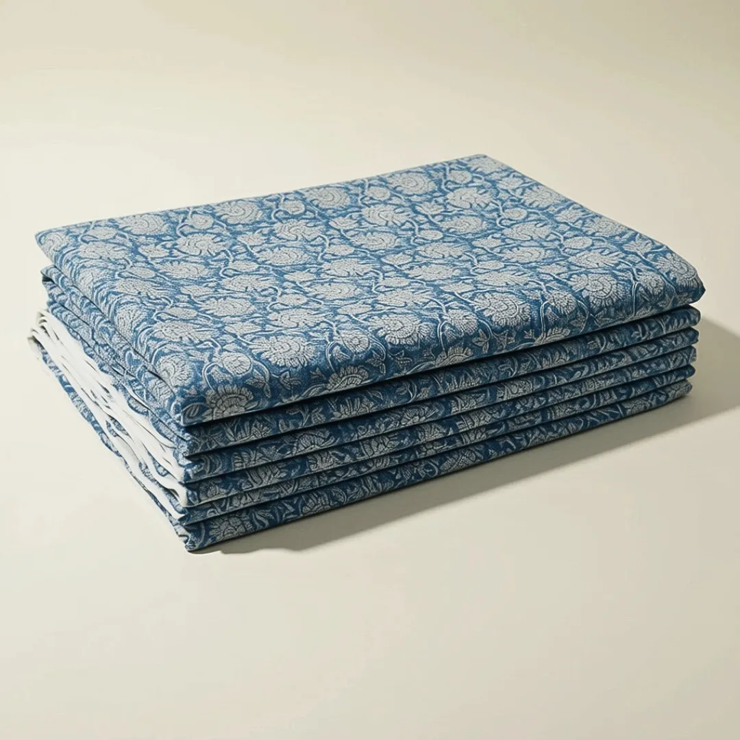 Single-Sided Hand Block Printed Mal Cotton Fabric – Blue Floral Motif | Sold Per Meter