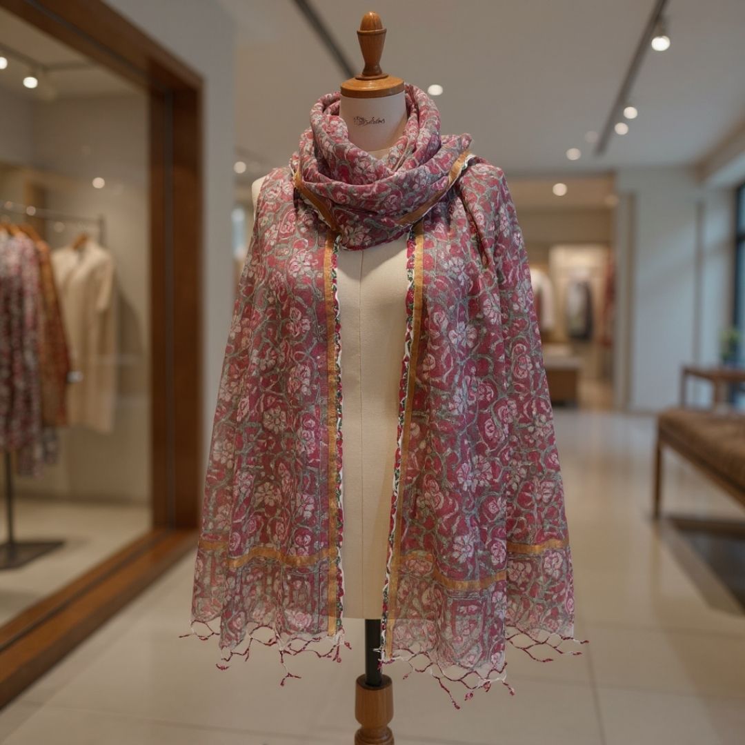 Hand Block Printed Kota Doriya Dupatta in Earthy Floral Pattern