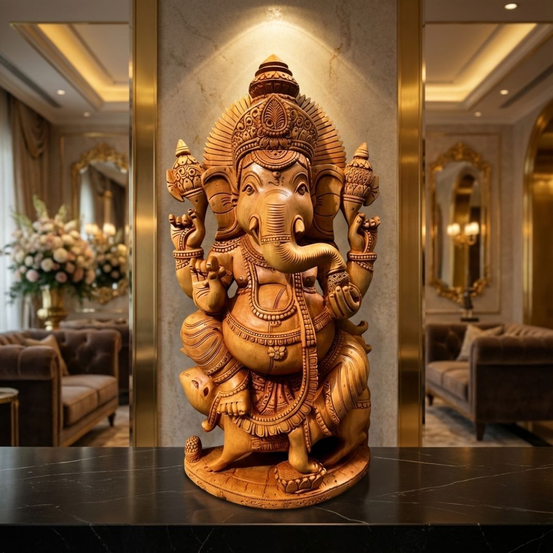 Handcrafted Sandalwood Ganesha Idol in Blessing Pose with Modak and Kalash