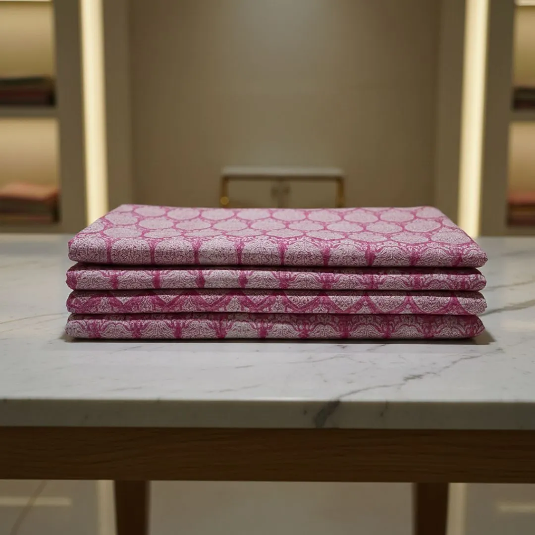 Single-Sided Hand Block Printed Mal Cotton Fabric – Pink Geometric | Sold Per Meter