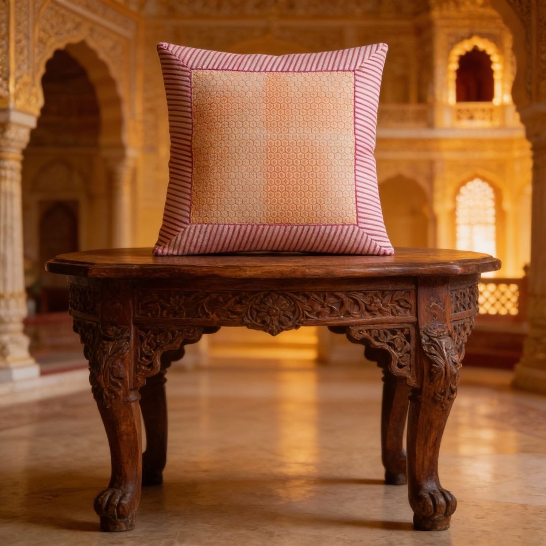 Block Printed Cotton Cushion Covers with Grid Pattern & Multicolour Border (Set of 2)