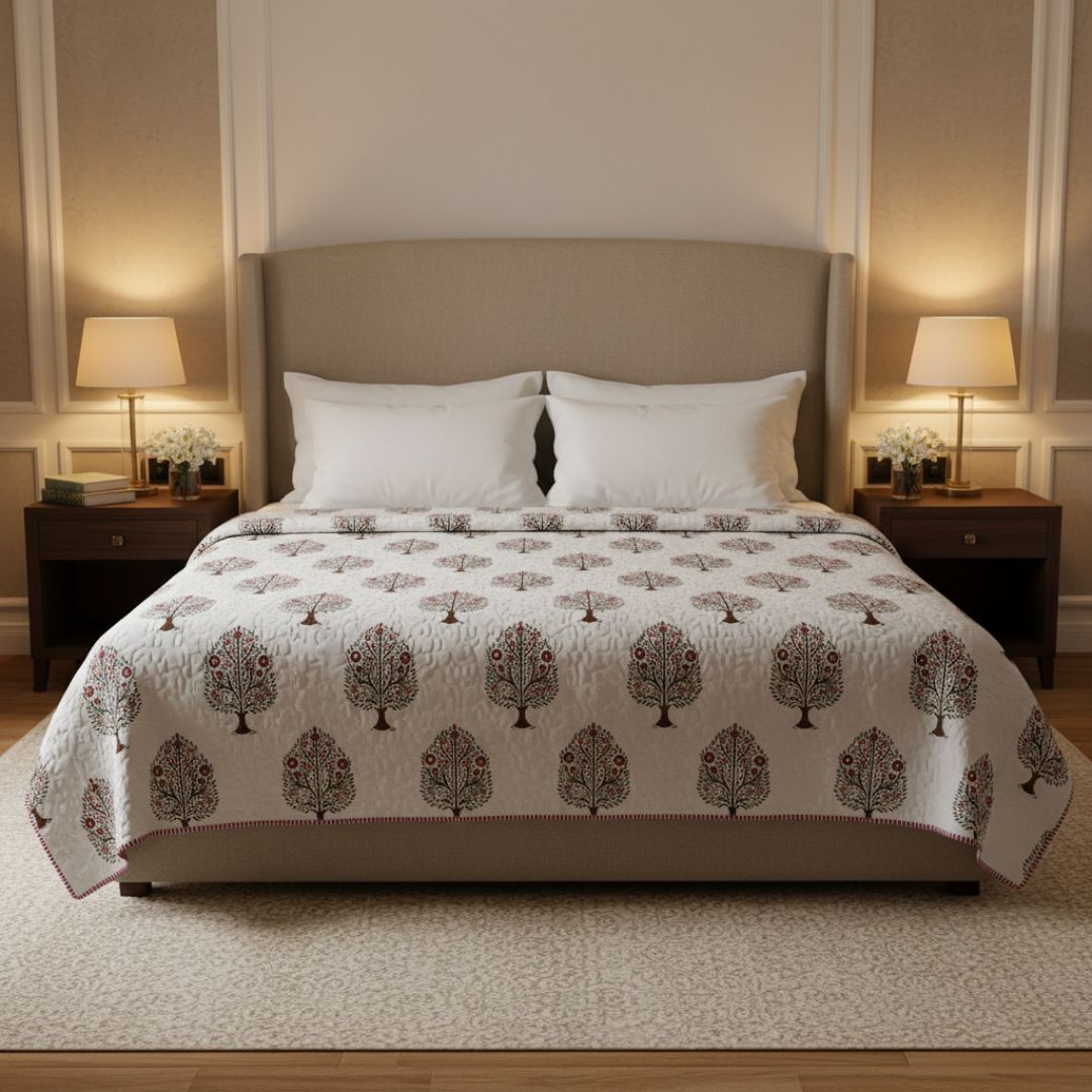Double Double-Sided Block Printed Cotton Comforter in Grey Floral Pattern
