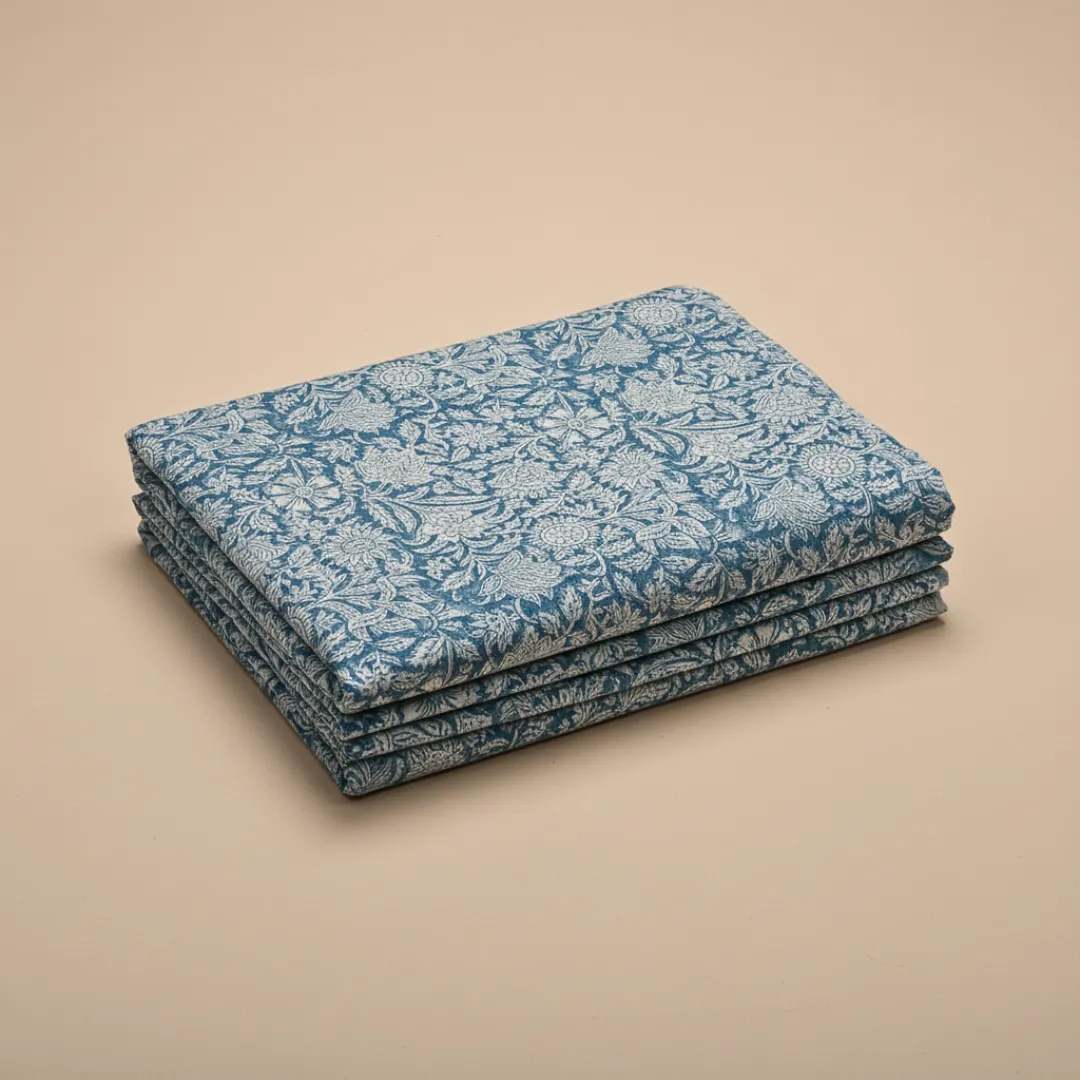 Single-Sided Hand Block Printed Mal Cotton Fabric – Blue Botanical | Sold Per Meter