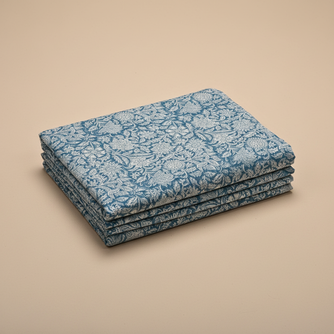 Single-Sided Hand Block Printed Mal Cotton Fabric – Blue Botanical | Sold Per Meter