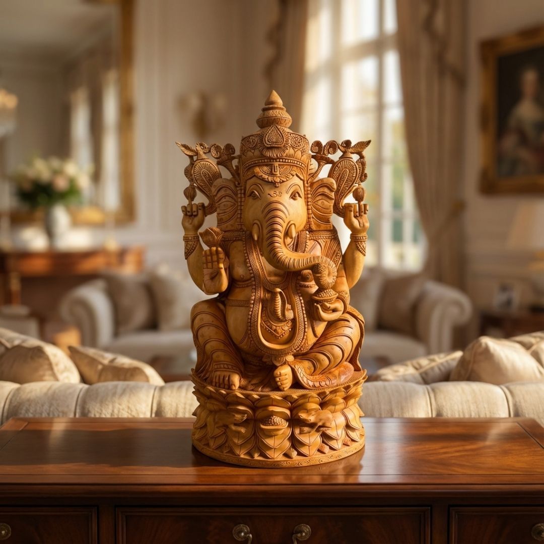 Handcrafted Wooden Lord Ganesha Sculpture with Heavy Detailed Carving