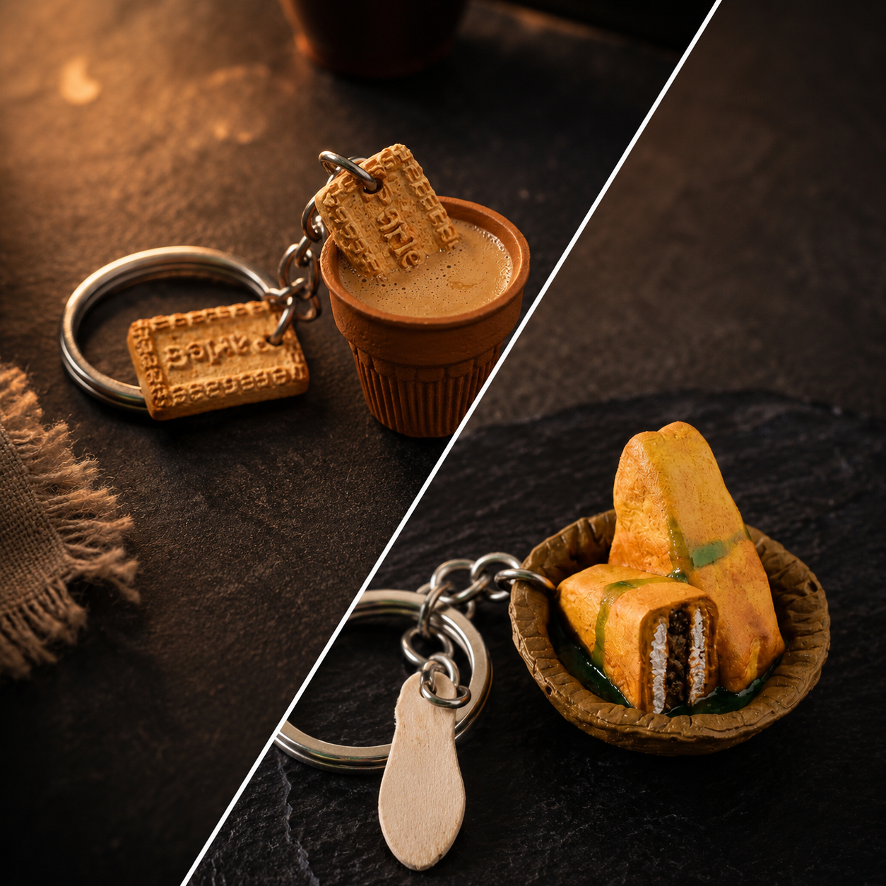 Miniature Chai Biscuit and Bread Pakora Keychain Set