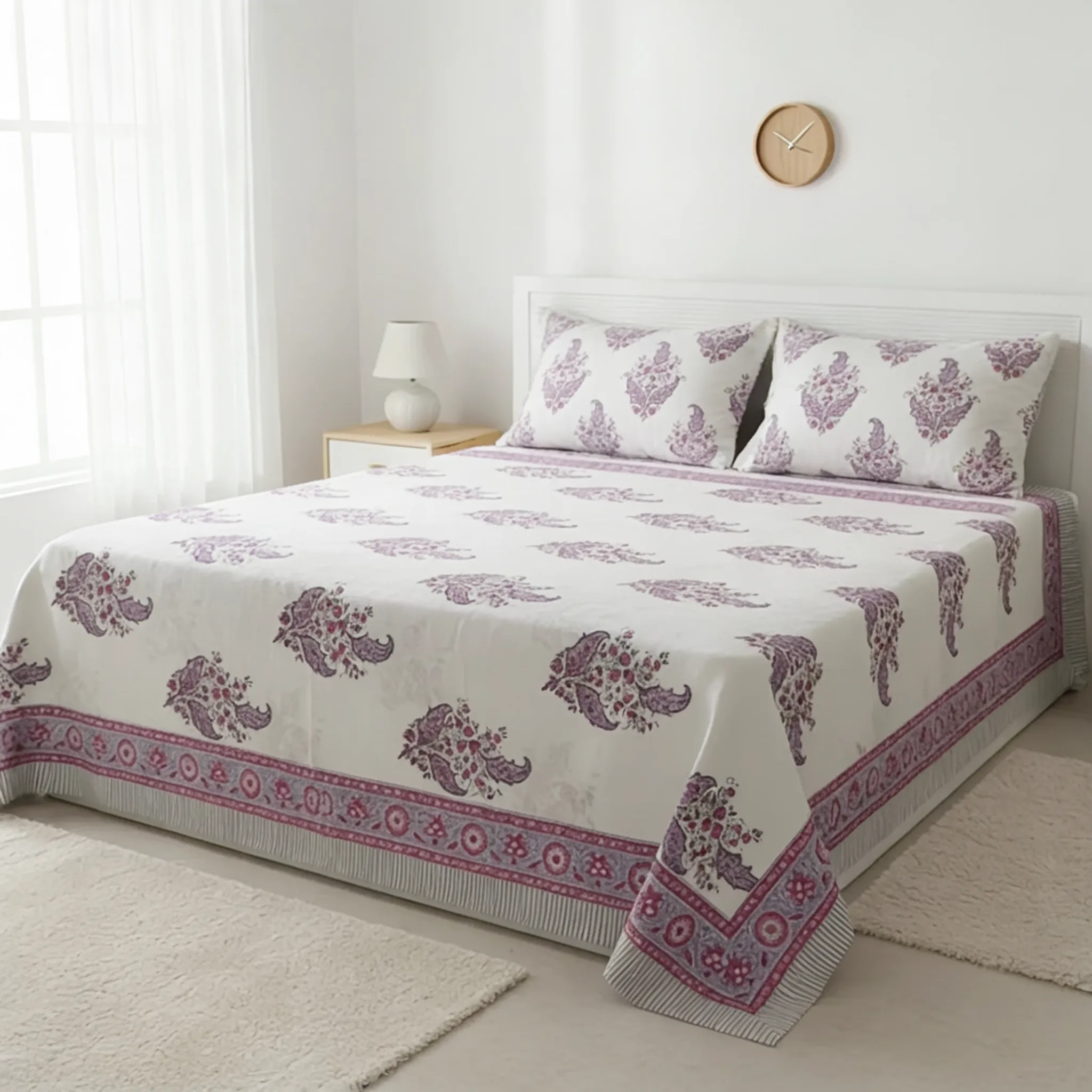 Single-Sided Block Printed Double Bedsheet in Maroon & Dusty Pink Floral Print Motif
