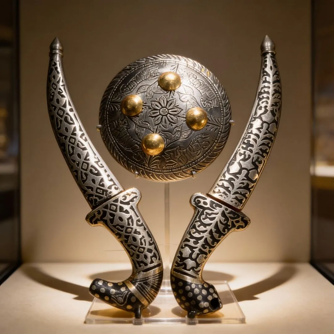 Shield Koftgari Decorative Dagger Set Traditional Metal Art 