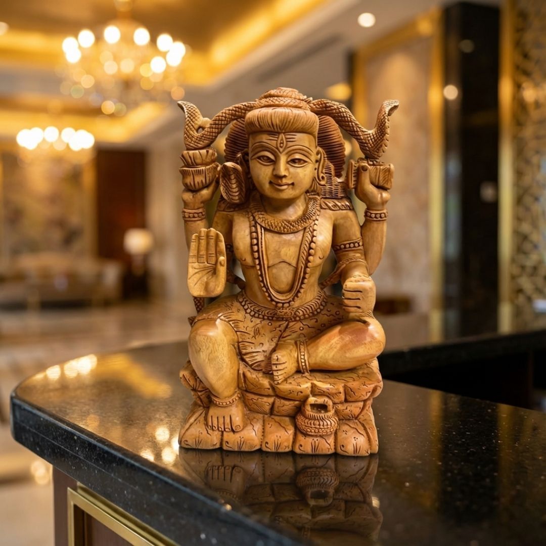 Handcrafted Lord Shiva Sculpture Sitting with Snake and Damru in Fine Wood Carving
