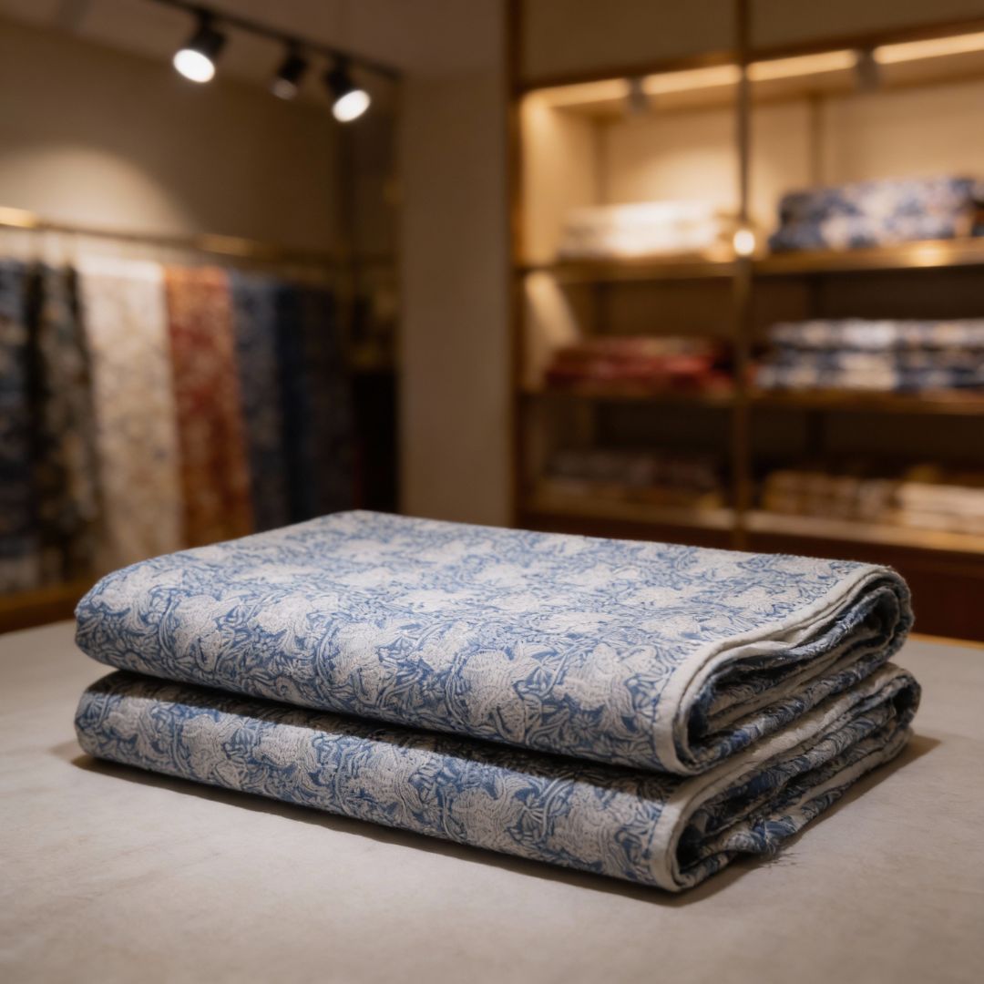 Single-Sided Hand Block Printed Mal Cotton Fabric – Blue Floral | Sold Per Meter