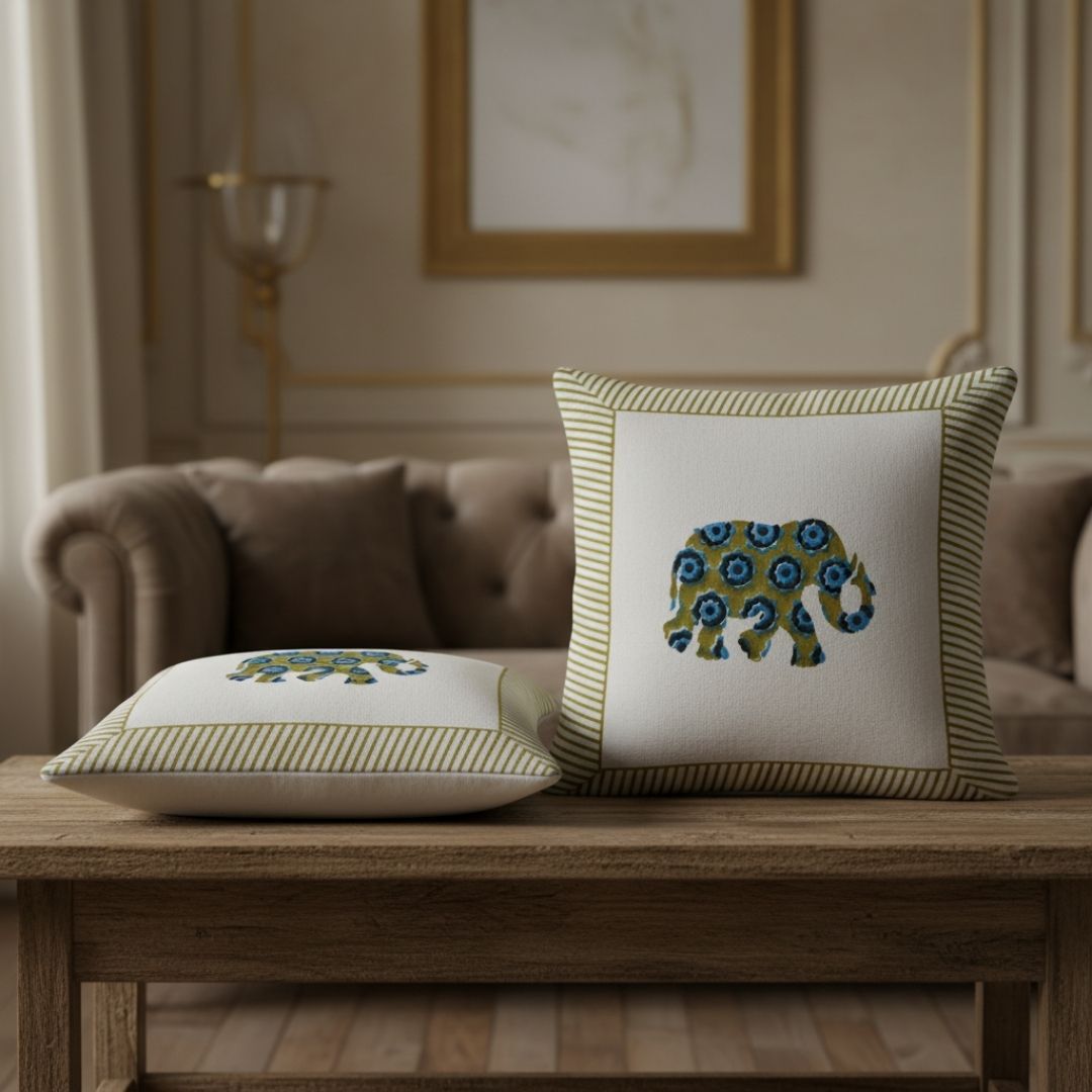 Hand Block Printed Cotton Cushion Covers with Central Elephant Motif (Set of 2)