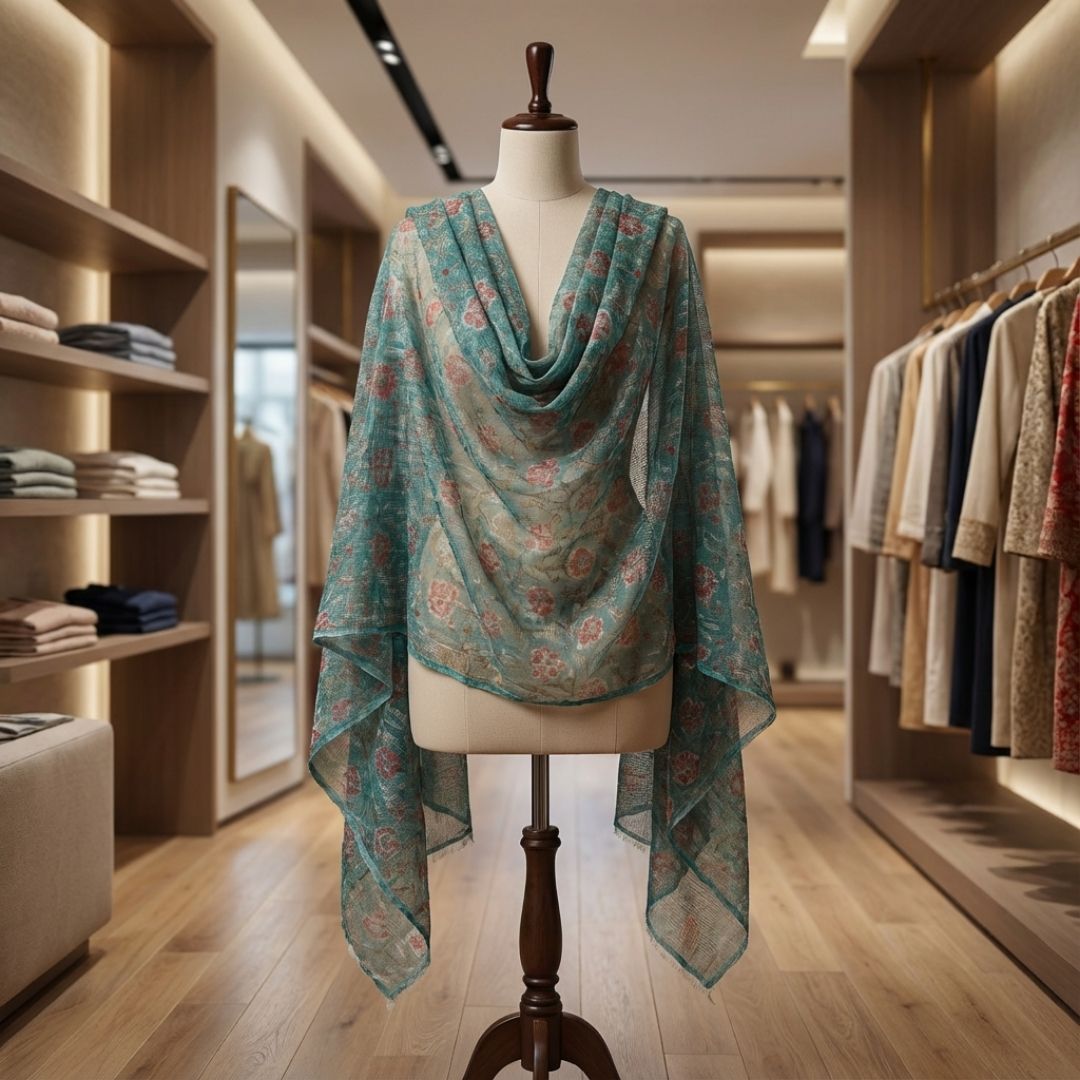 Hand Block Printed Kota Doriya Dupatta in Teal Floral Pattern