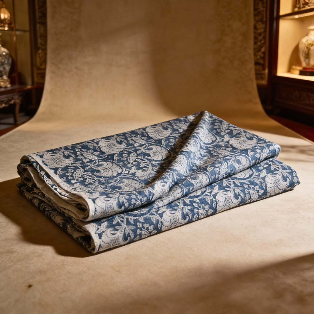 Single-Sided Hand Block Printed Mal Cotton Fabric – Blue Floral | Sold Per Meter