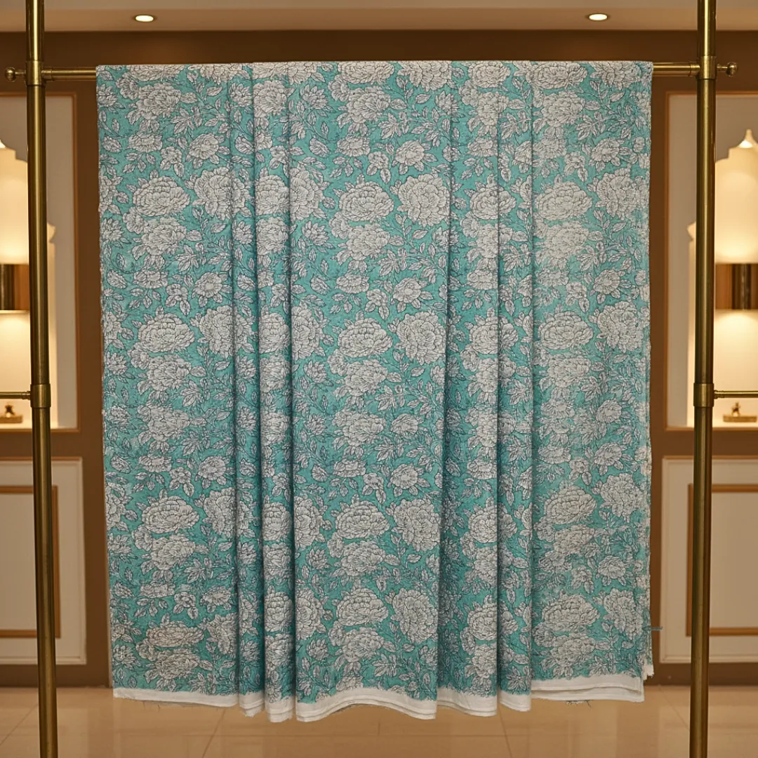 Single-Sided Hand Block Printed Mal Cotton Fabric – Soft Blue Floral | Sold Per Meter