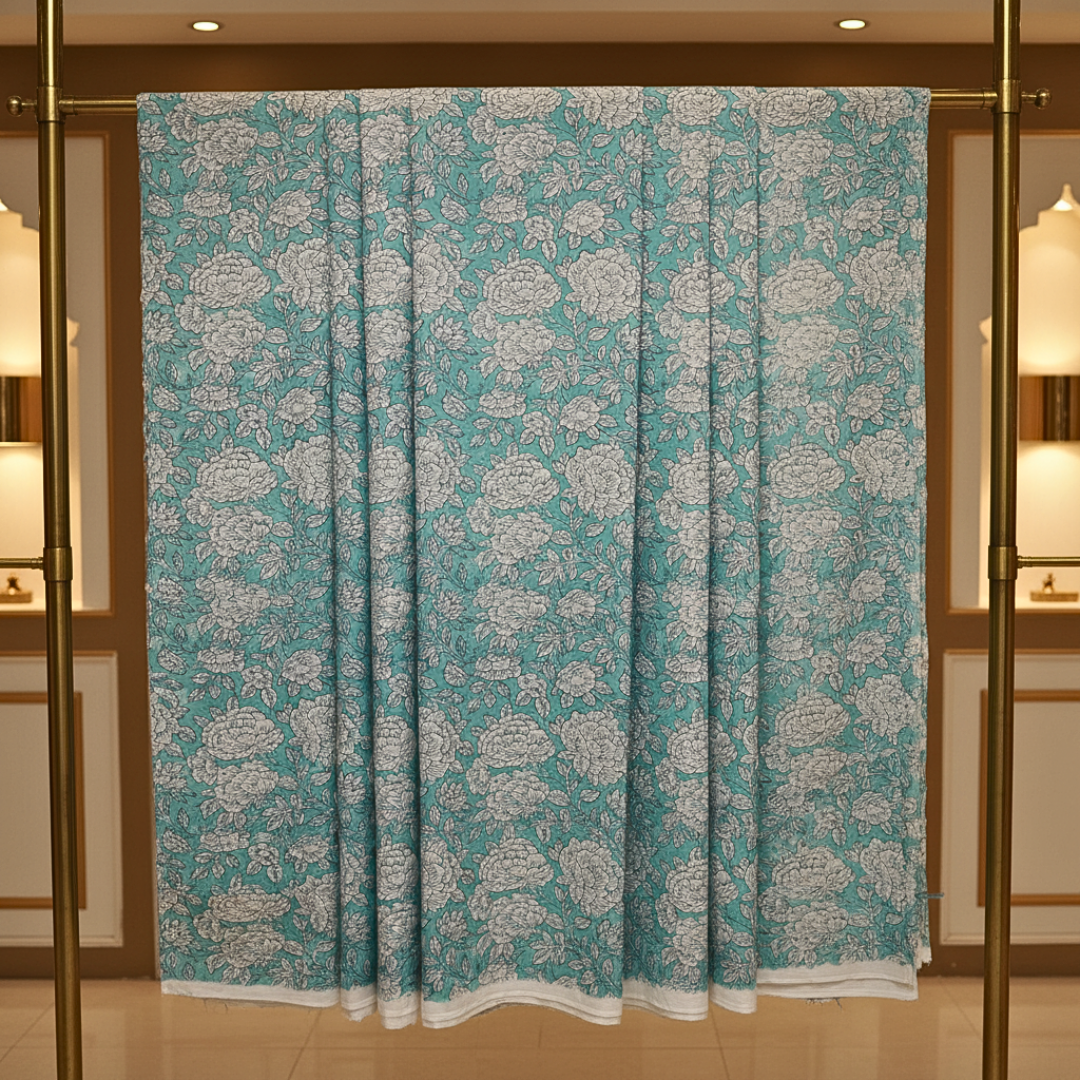 Single-Sided Hand Block Printed Mal Cotton Fabric – Soft Blue Floral | Sold Per Meter