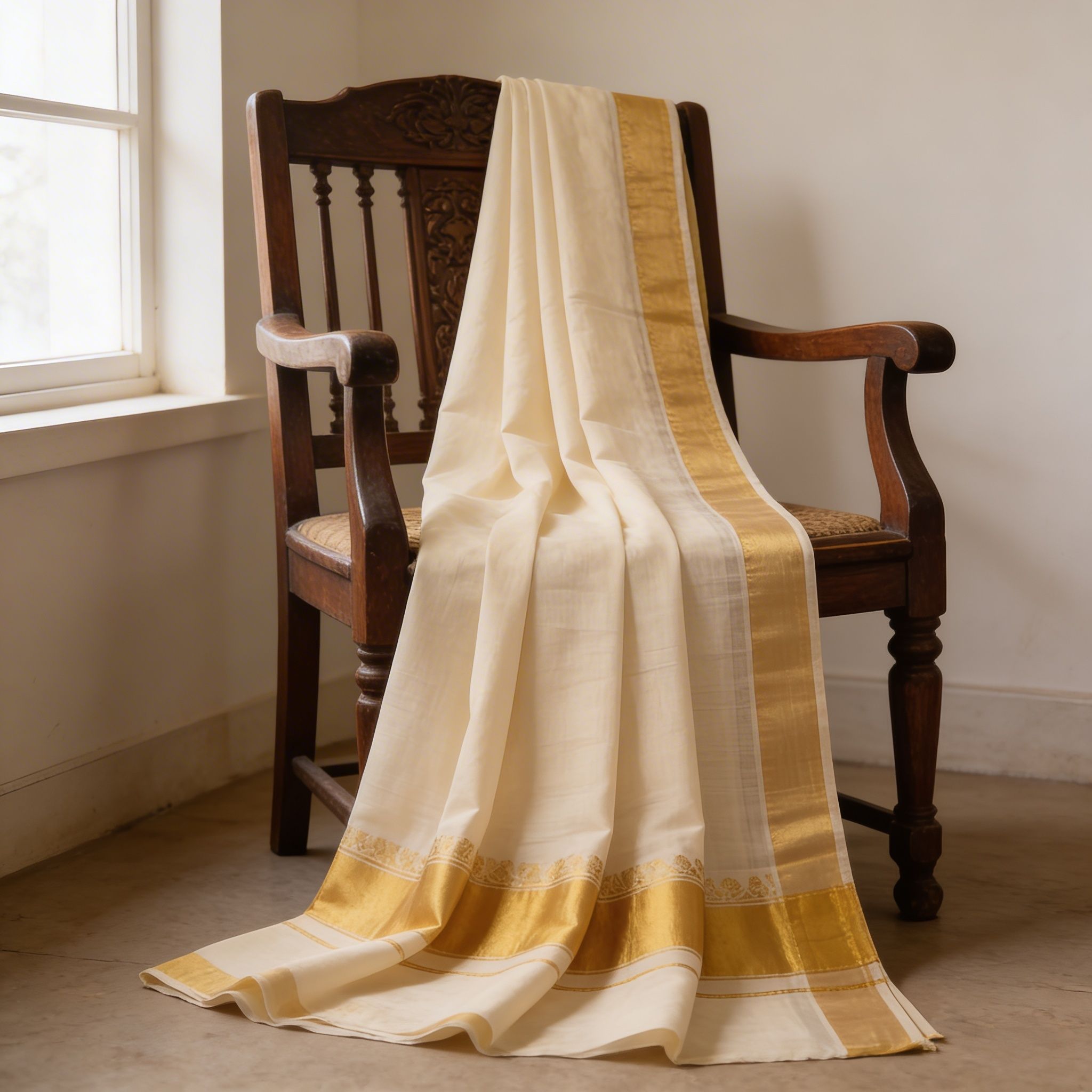 Kerala Kasavu Cotton Saree Cream Gold Border