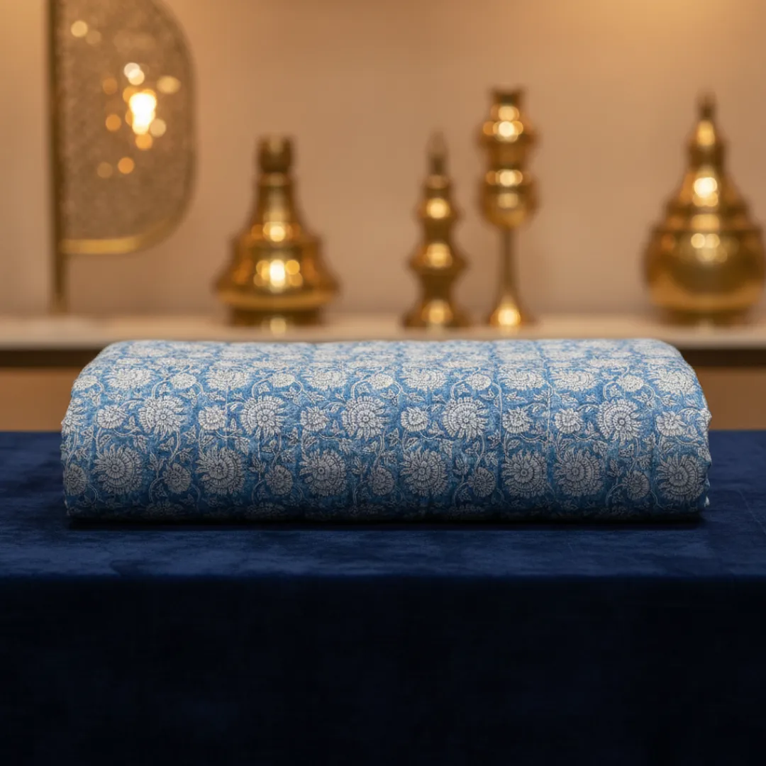 Single-Sided Hand Block Printed Mal Cotton Fabric – Blue Floral Grid | Sold Per Meter
