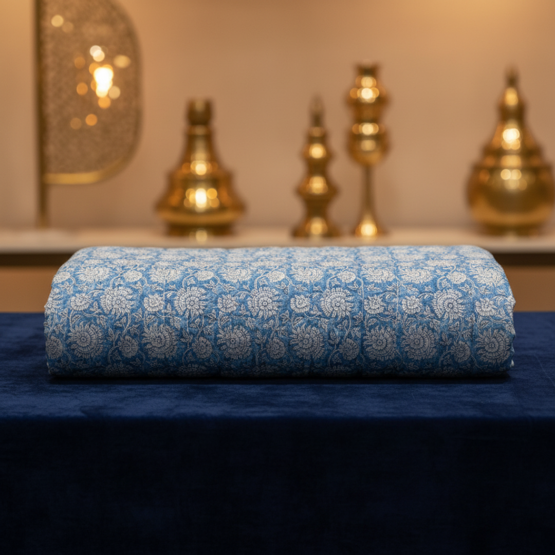 Single-Sided Hand Block Printed Mal Cotton Fabric – Blue Floral Grid | Sold Per Meter