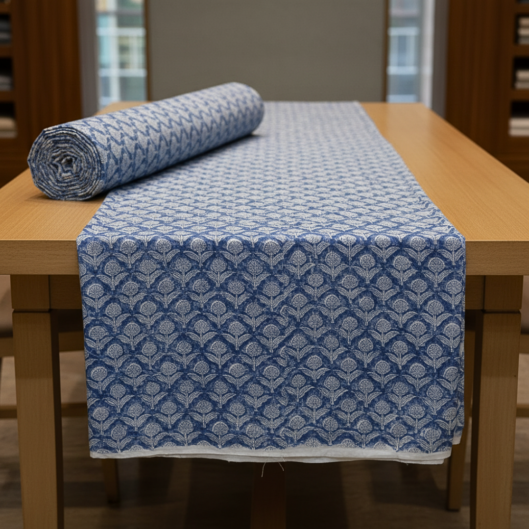 Single-Sided Hand Block Printed Mal Cotton Fabric – Blue Lattice Floral | Sold Per Meter