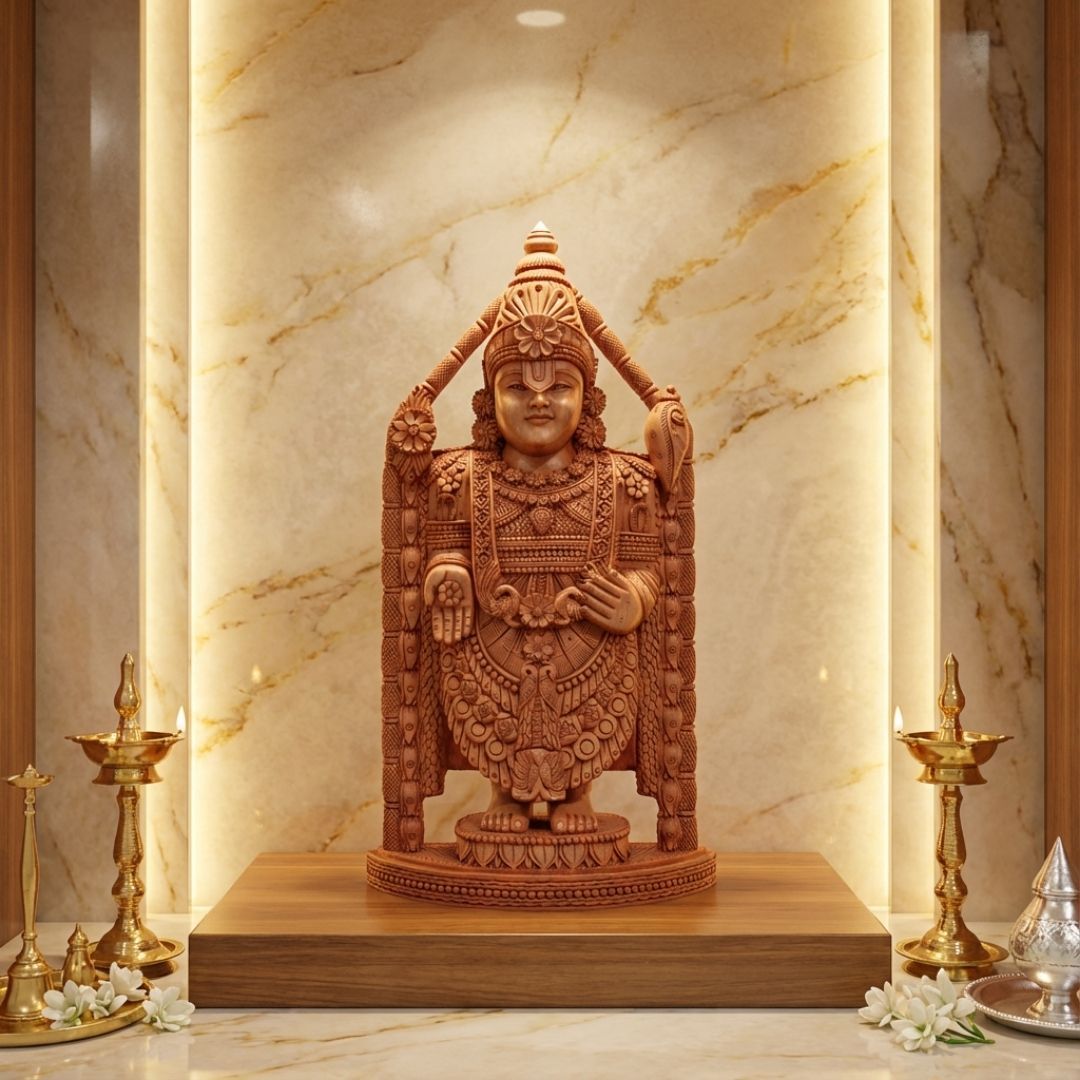 Lord Venkateswara Balaji Wooden Sculpture in Traditional South Indian Style