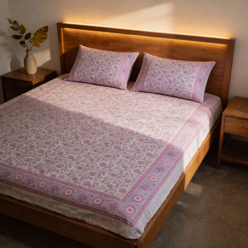 Single-Sided Block Printed Double Bedsheet in Soft Pink All-Over Pattern