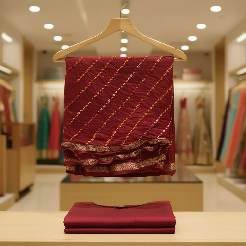 Rich Jhankar Bandhej Tie & Dye Semi Silk Saree in Deep Maroon Tones with Coordinated Blouse (Unstitched)