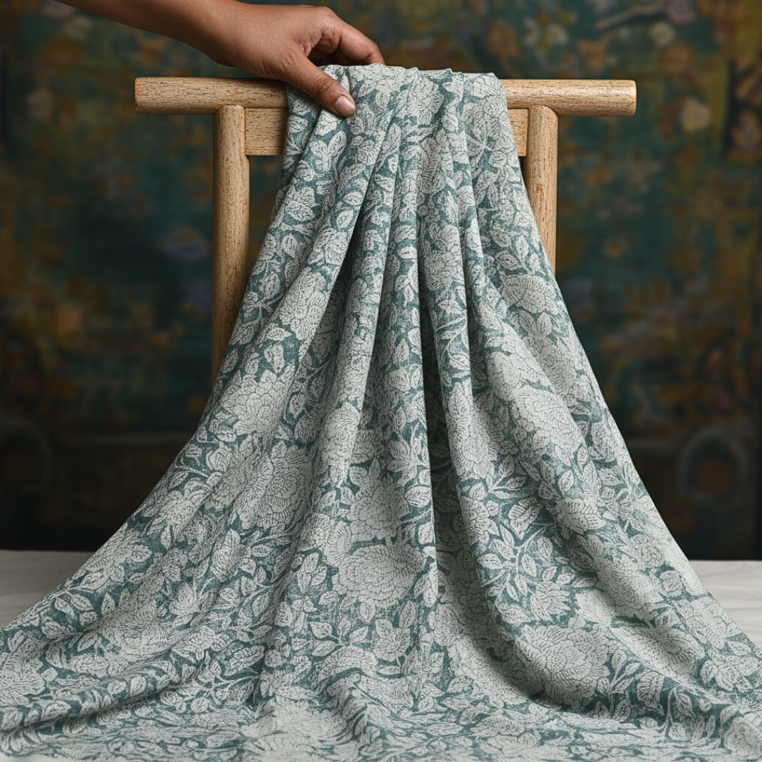 Single-Sided Hand Block Printed Mal Cotton Fabric – Blue Floral Motif | Sold Per Meter