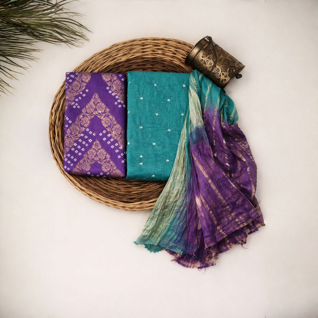 Glace Cotton Jari Tie and Dye Suit Fabric for Elegant Cut Tops