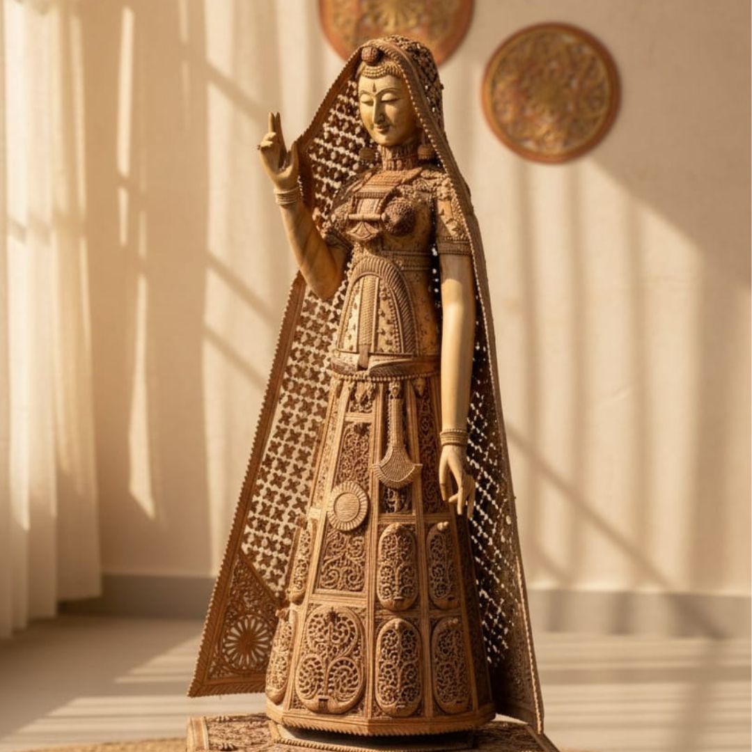 Pure Sandalwood Royal Lady Sculpture with Intricate Shrine Carving
