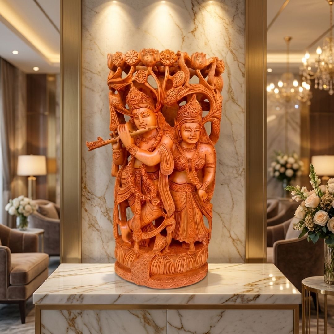 Radha Krishna Jugal Murti in Sandalwood with Intricate Tree Carving