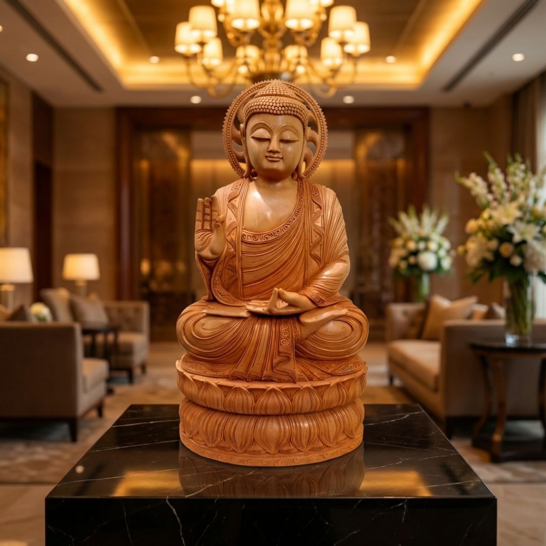 Handcrafted Sandalwood Buddha Idol in Meditation Pose on Double Lotus Base