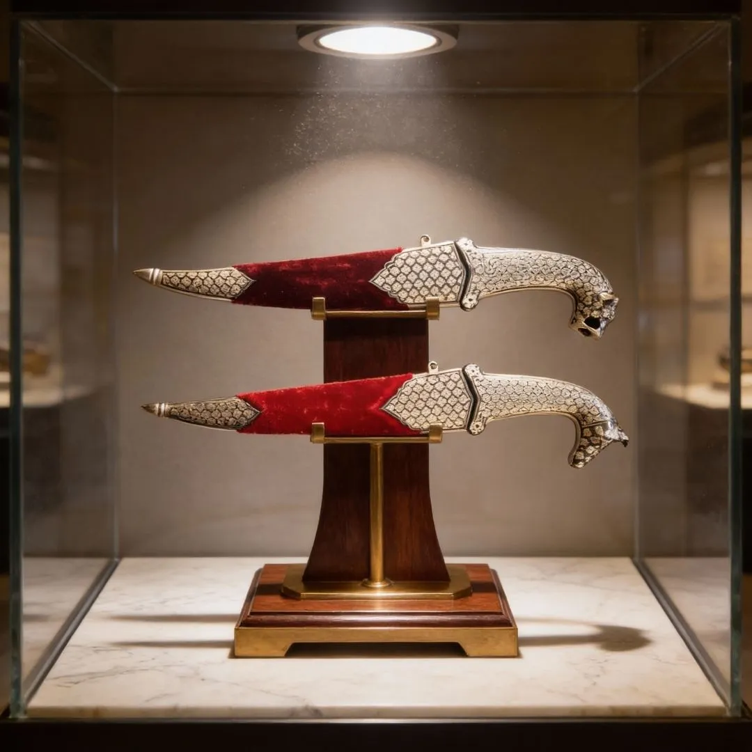 Red Handle Koftgari Decorative Dagger Pair with Fine Traditional Metal Inlay Art