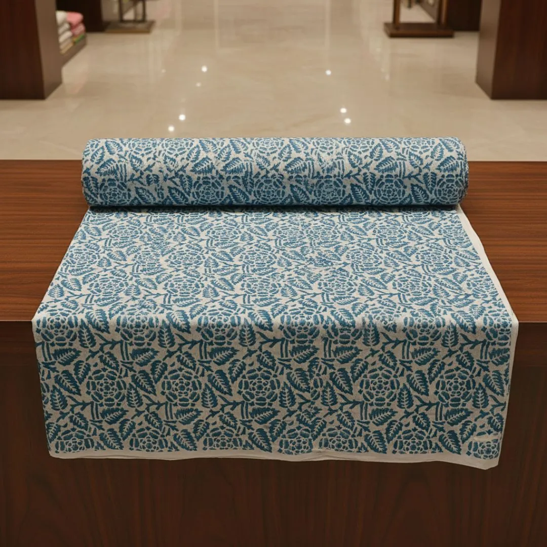 Single-Sided Hand Block Printed Mal Cotton Fabric – Indigo Floral | Sold Per Meter