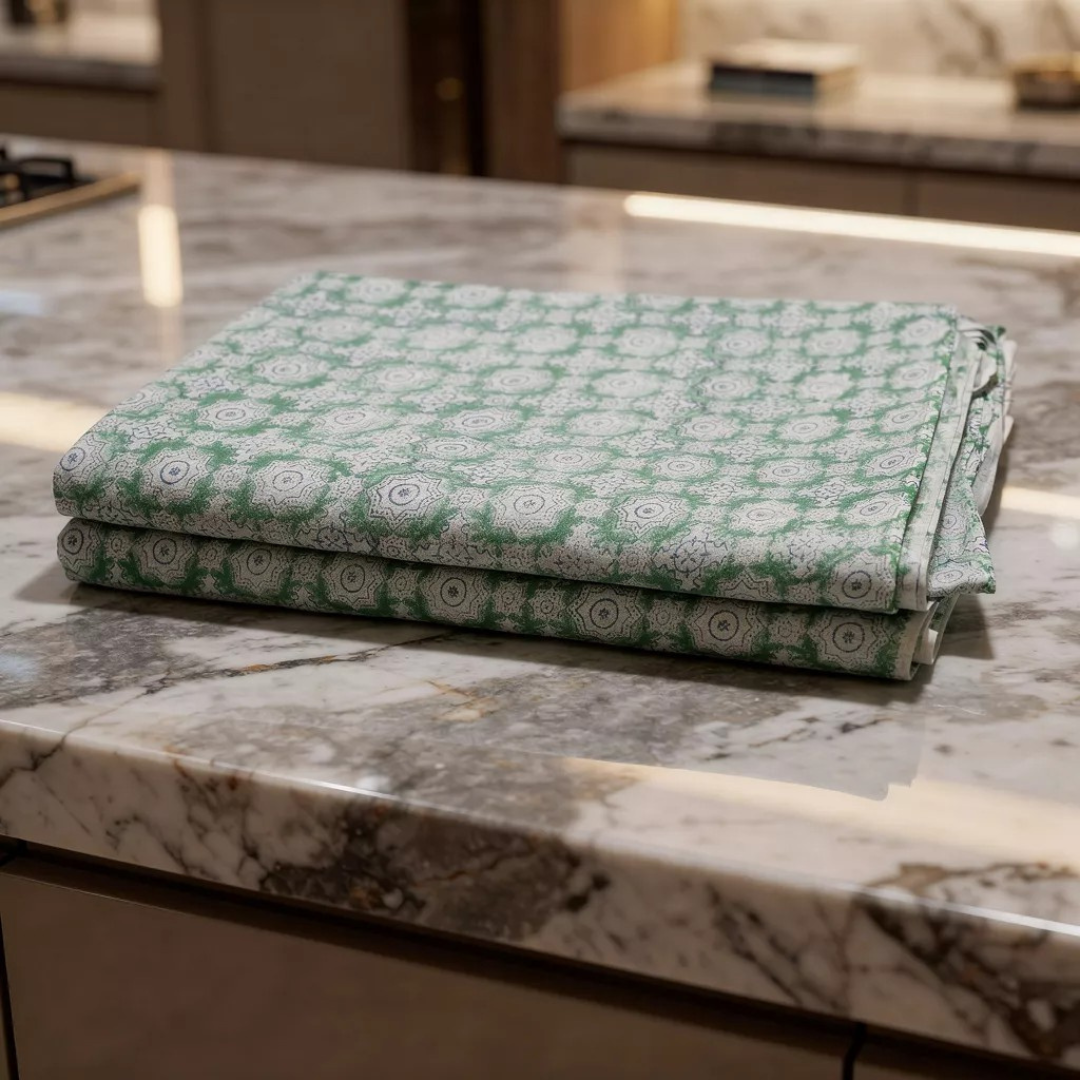 Single-Sided Hand Block Printed Mal Cotton Fabric – Green Floral Motif | Sold Per Meter