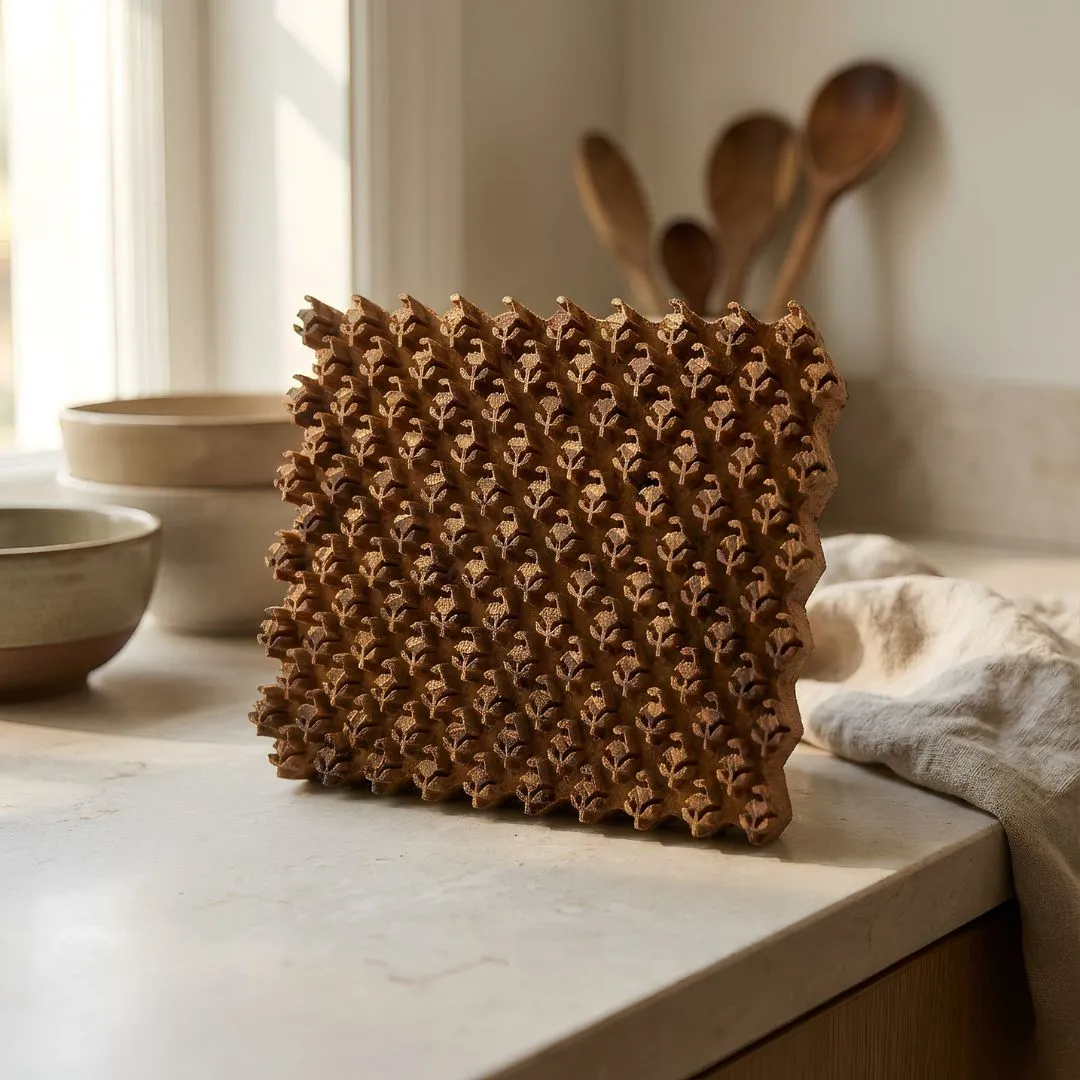 Sagwan Wood Hand-Carved Textile Printing Block with Geometric Floral Pattern