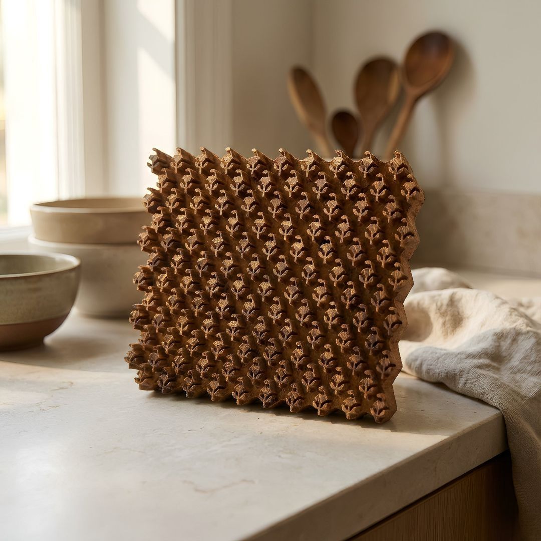Sagwan Wood Hand-Carved Textile Printing Block with Geometric Floral Pattern