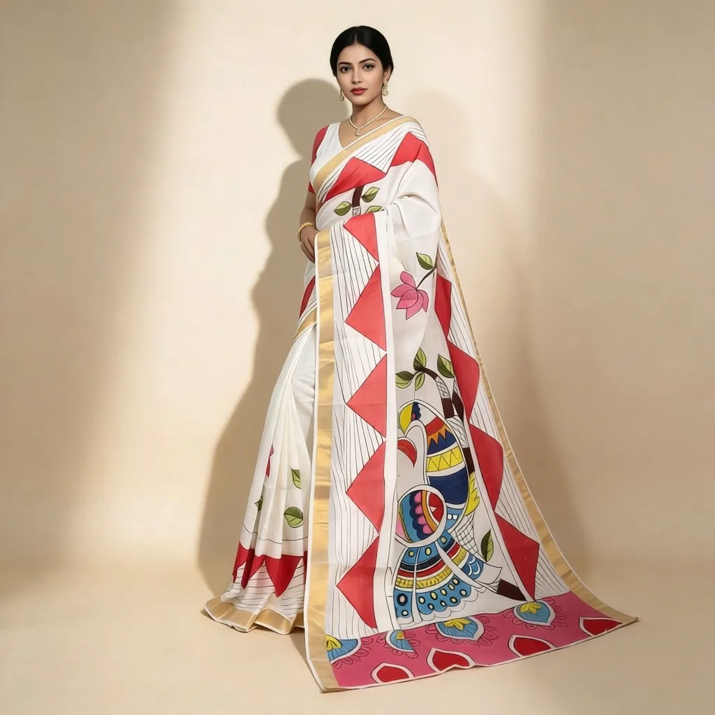 Kerala Cotton Hand-Painted White Saree with Multicolor Motifs & Golden Border | Includes Blouse Piece