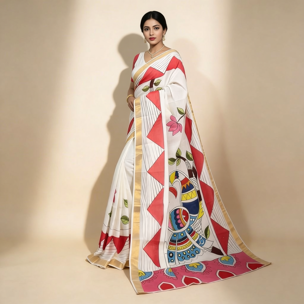 Kerala Cotton Hand-Painted White Saree with Multicolor Motifs & Golden Border | Includes Blouse Piece