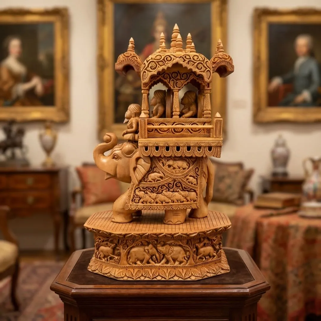 Royal Wooden Elephant Howdah Sculpture in Traditional Maharaja Style