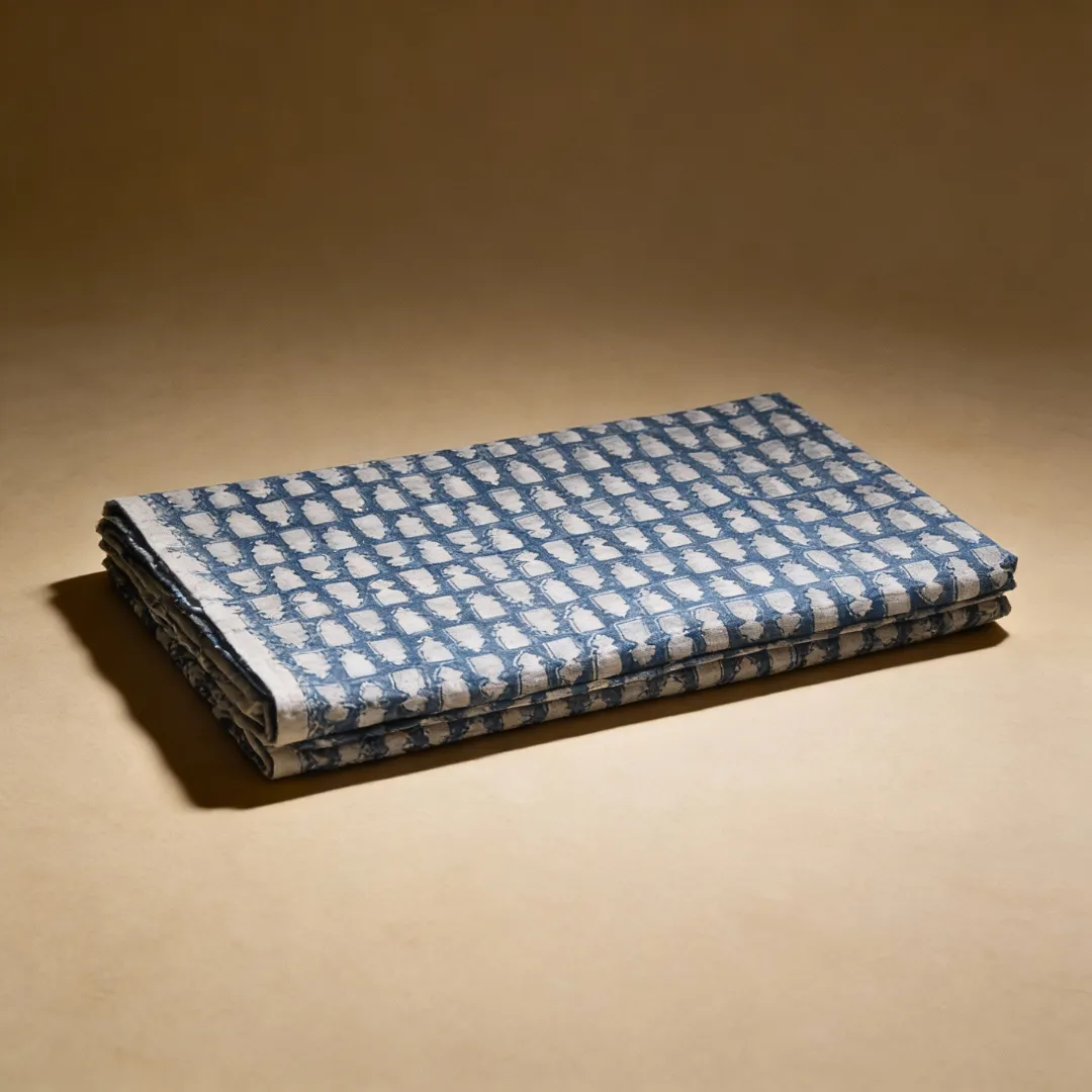 Single-Sided Hand Block Printed Mal Cotton Fabric – Blue Geometric | Sold Per Meter